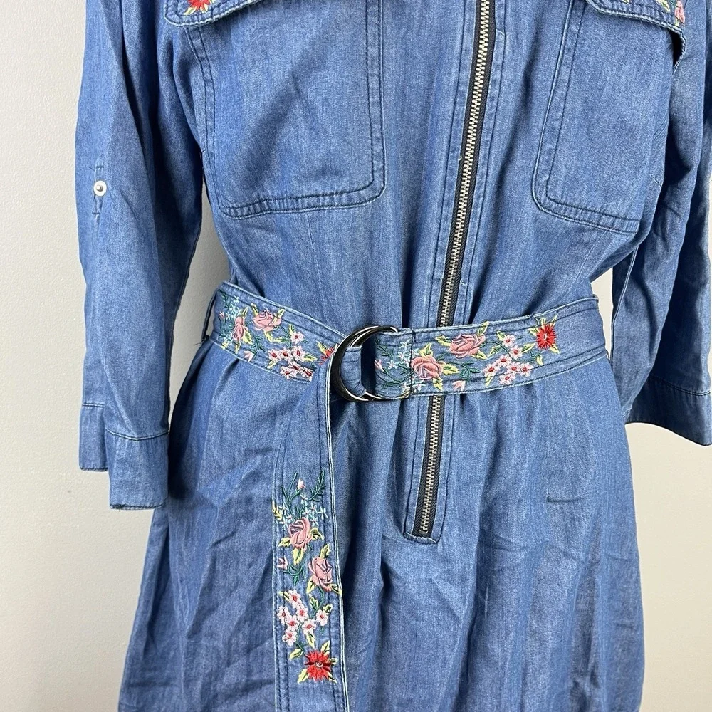 Given Kale Boho Embroidered Dress Womens XL Blue Chambray Floral‎ Belted